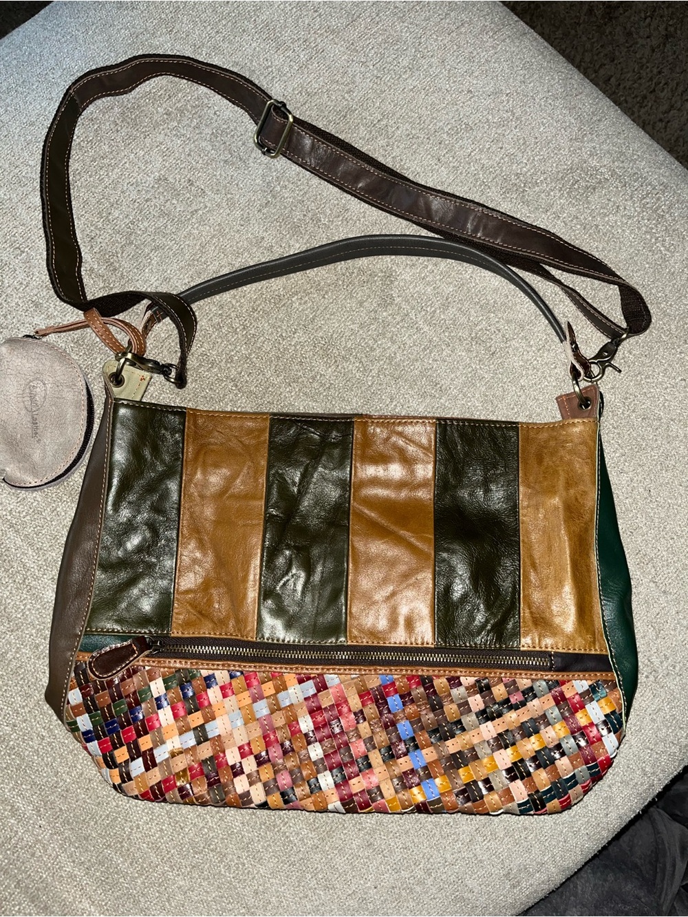 Multicolor Striped & Woven Leather Shoulder Bag - Brown/Green